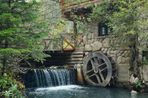 View of old wooden water wheel
